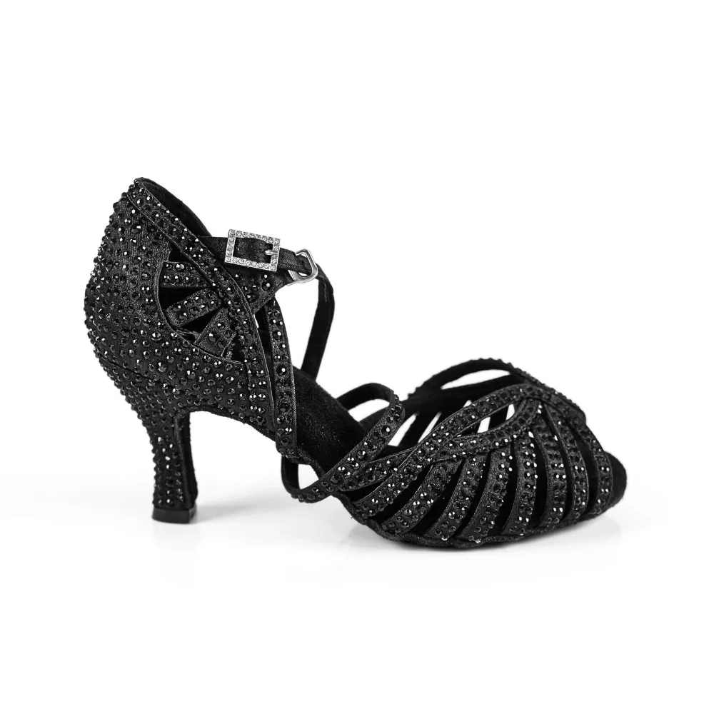 Abelia Black Rhinestone Double Padded Latin Dance Shoes (Suede Sole) Fishnet Thigh High Heels