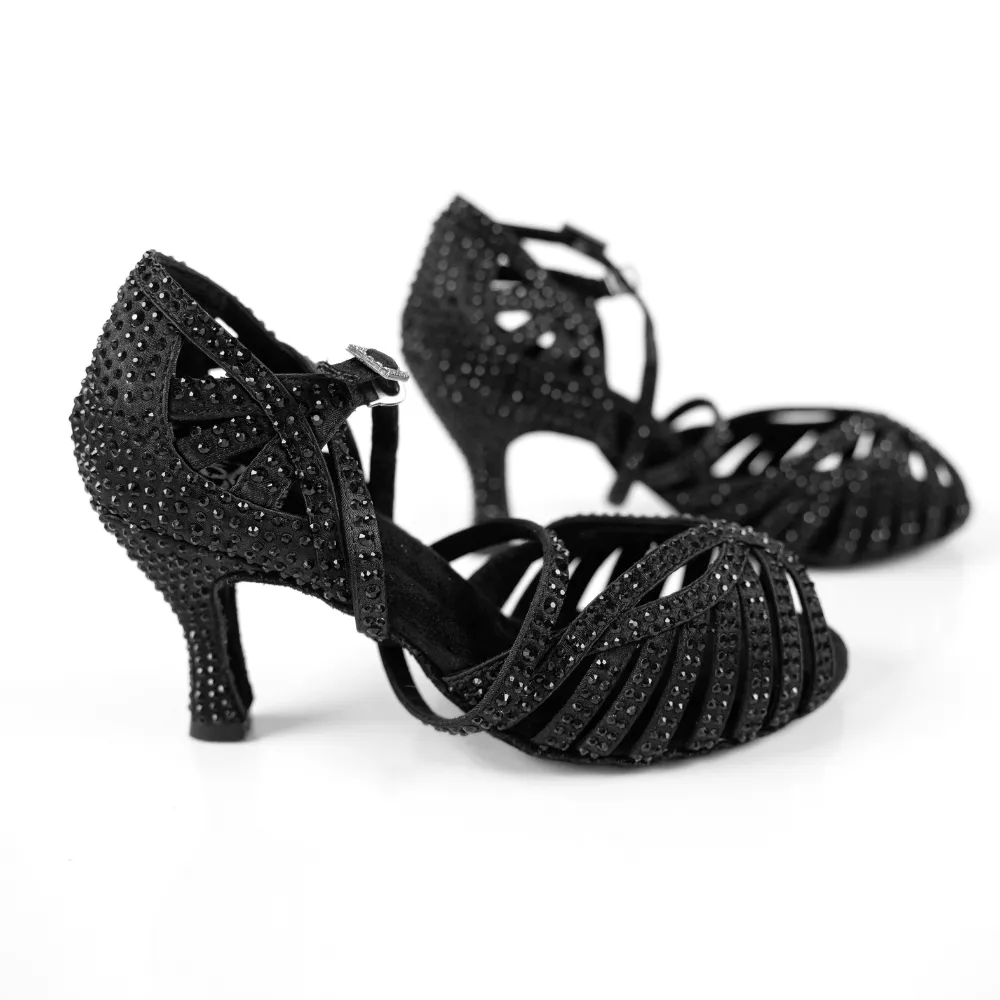 Abelia Black Rhinestone Double Padded Latin Dance Shoes (Suede Sole) Short Skirts And High Heels