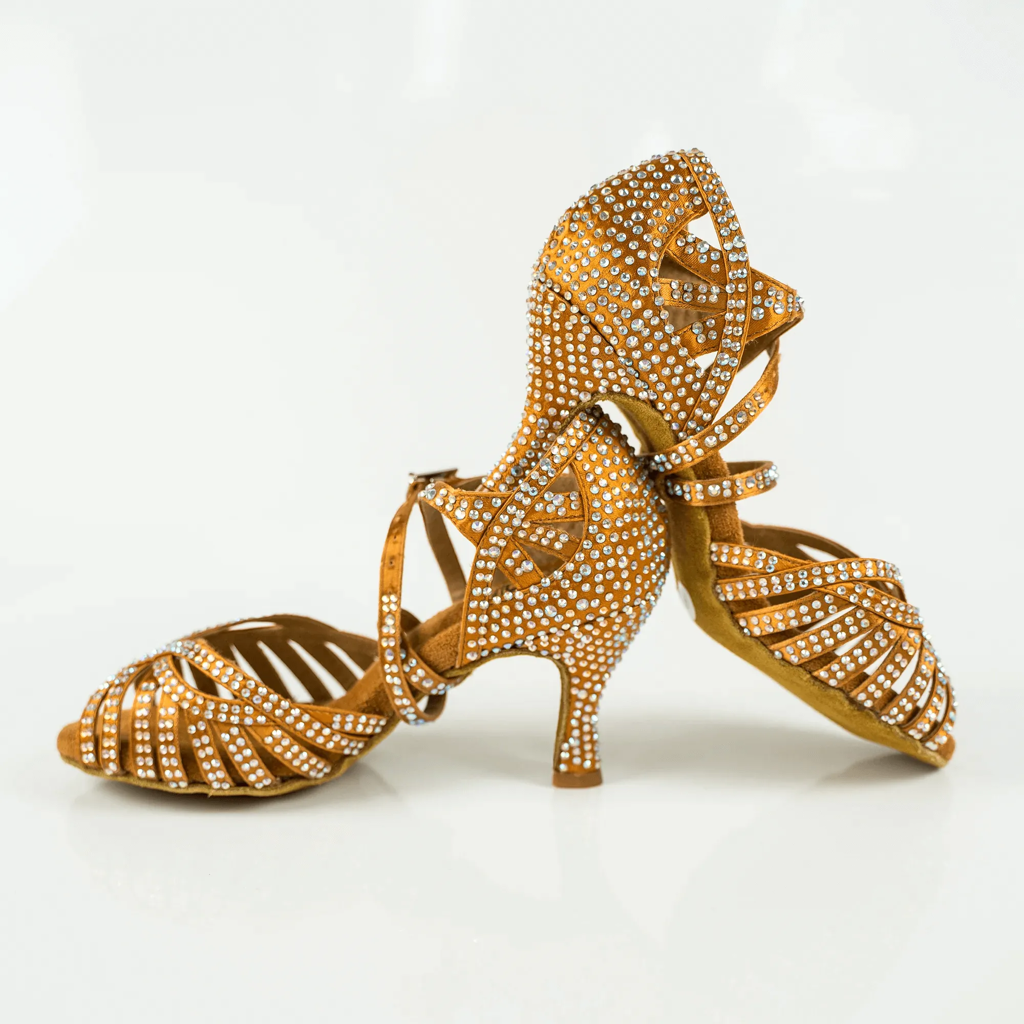 Abelia Tan Rhinestone Double Padded Latin Dance Shoes (Suede Sole) High Heel Art