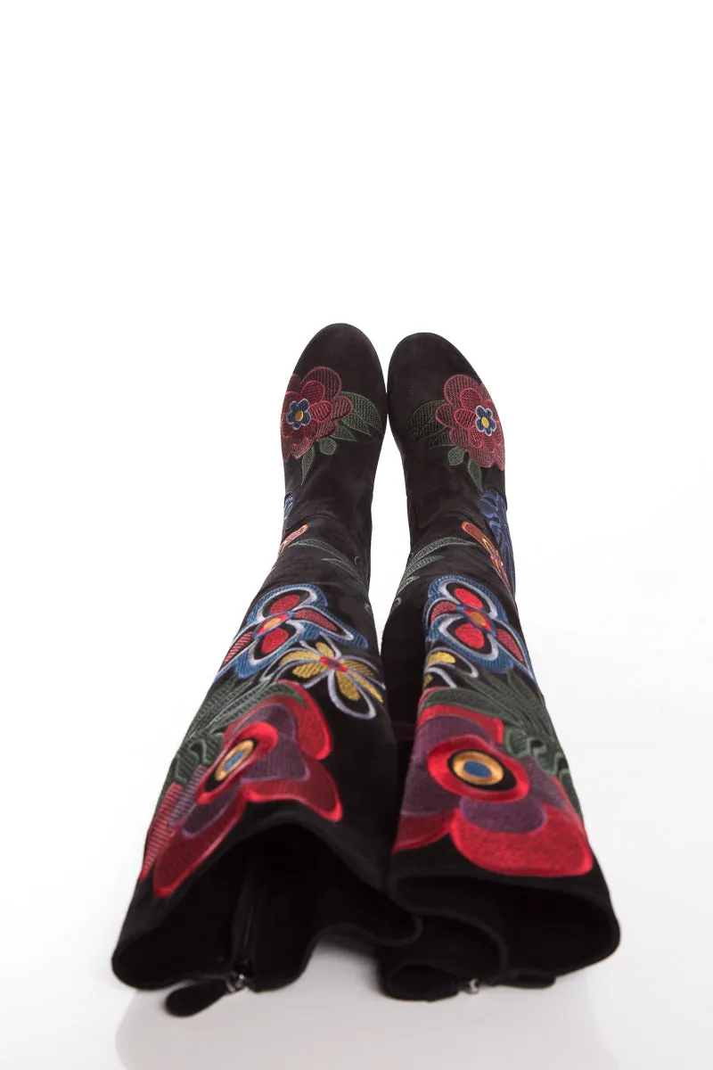 Valentino Black & Multi Floral Boots SZ 37.5 Stretching Calf Boots