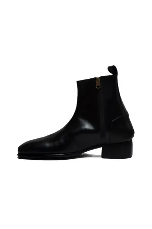 Ajadi Senior Man Boots in Black Leather with Side Zipper and Cuban Heel Flat Knee Boots