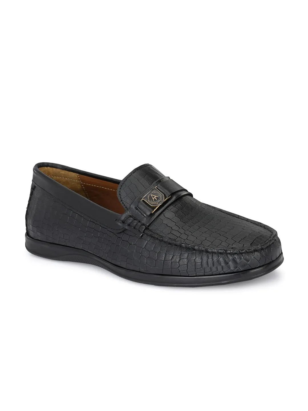 Alberto Torresi Genuine Leather Black Textured Loafers For Men Most Comfortable Driving Loafers