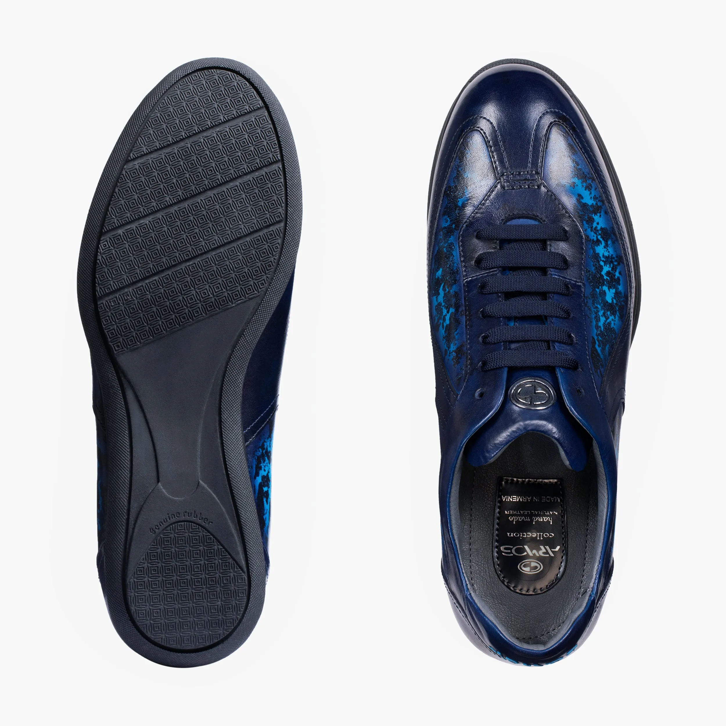 Men's Pattern Blue Patina Leather Sneaker Black And Red Dress Shoes