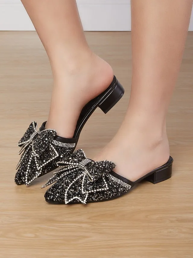 and for Flat Black Perfect  Rhinestone-Bow Parties Mules