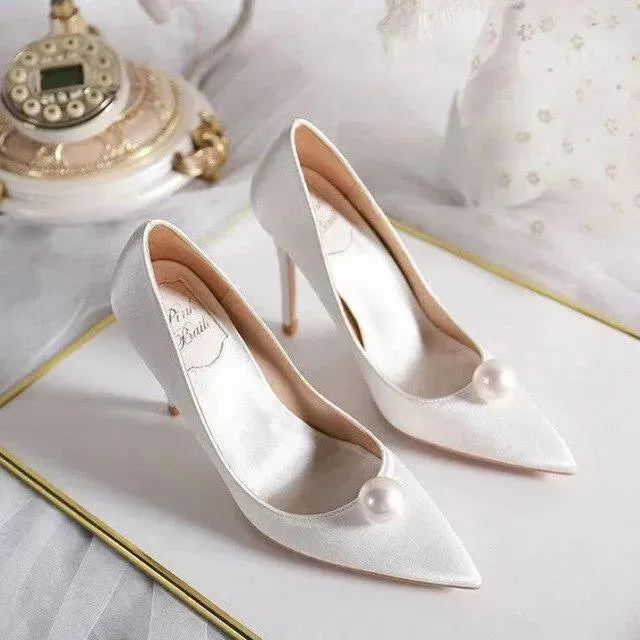 Silk Pearl Wedding Heels Pumps Shoes Ankle High Heel Shoes