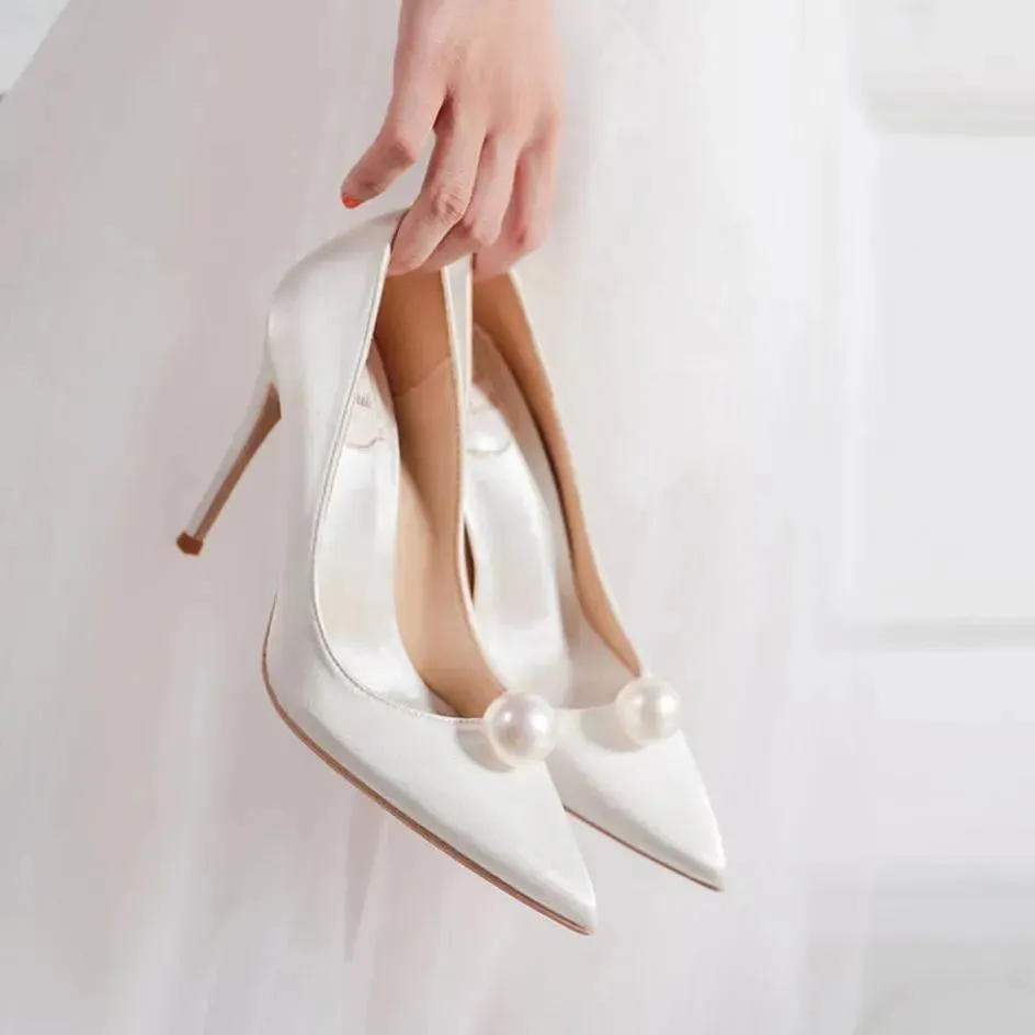 High Heel Ankle Strap Pumps Silk Pearl Wedding Heels Pumps Shoes