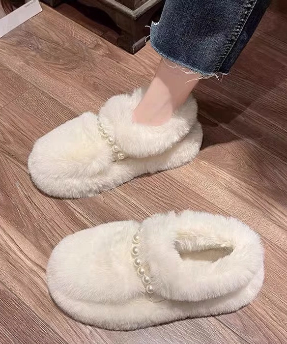 Beige Fuzzy Fur Platform Penny Loafers Fashion Splicing Nail Bead TQ053 Hushpuppy Loafers
