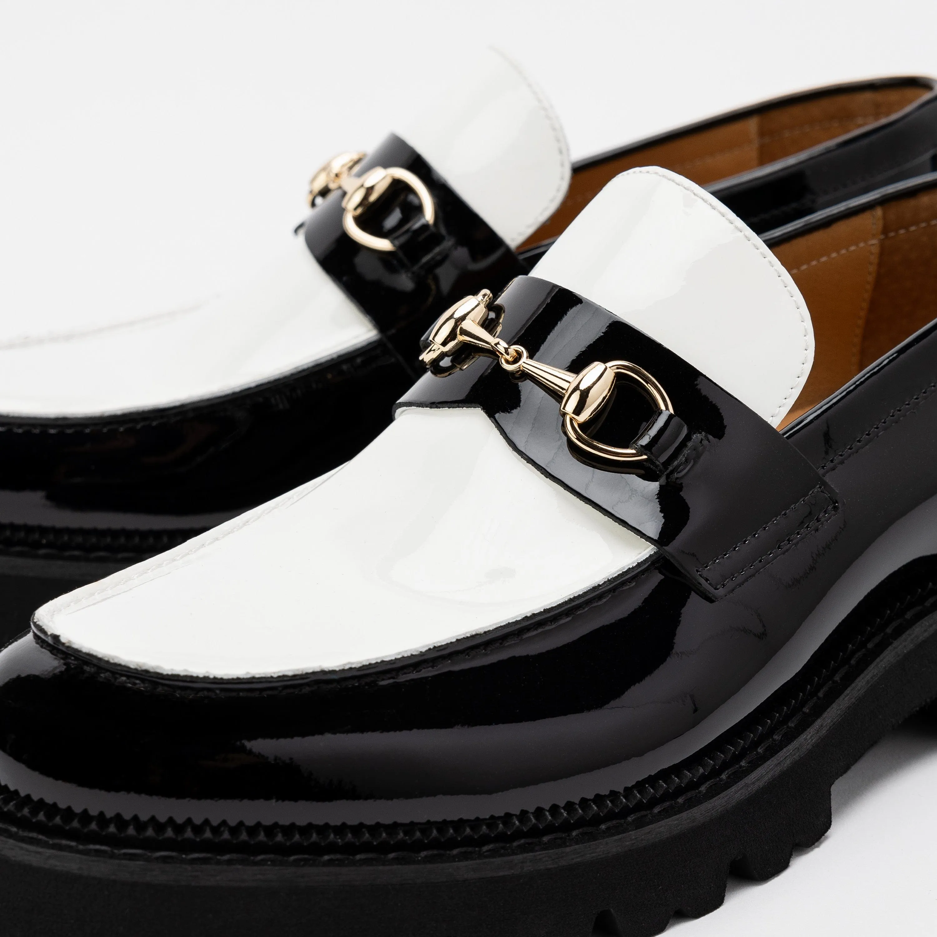 Blake Black/White Patent Leather Lug Bit Loafers Good Loafers