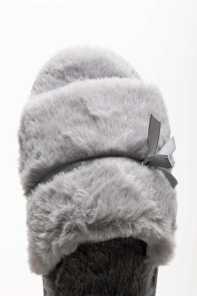 Primark Shoes Flats Satin Bow Open Toe Slippers Grey