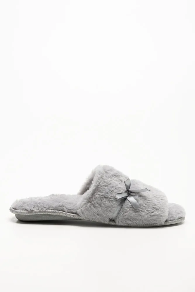Heel Shoes Satin Bow Open Toe Slippers Grey