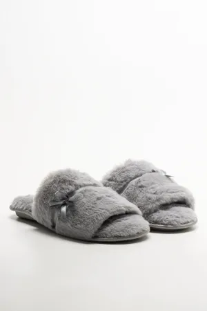 Peep Toe Shoes Satin Bow Open Toe Slippers Grey