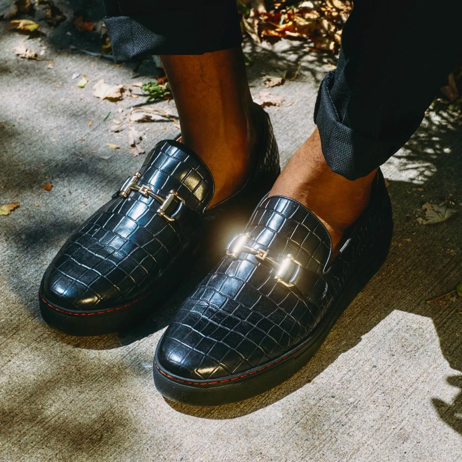 Ladies Penny Loafers Boardwalk Black Crocskin Leather Horse-Bit Sneakers