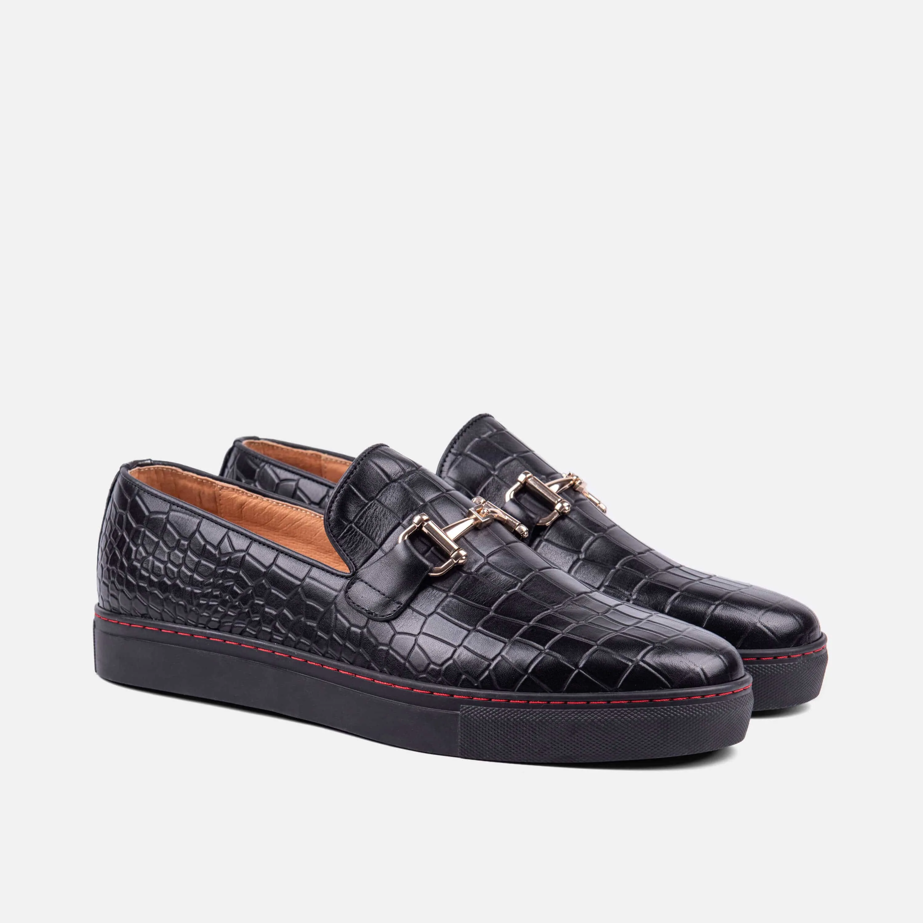 Boardwalk Black Crocskin Leather Horse-Bit Sneakers Loafers With Suits