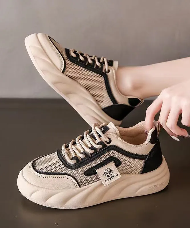 Bow Flat Shoes Breathable Mesh Lace Up Splicing Black Flat Shoes For Women KJ069