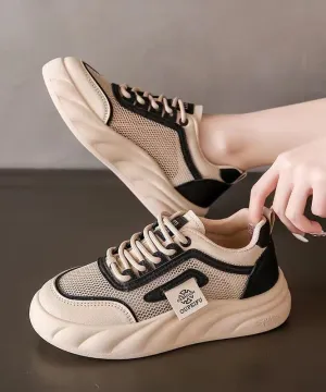 Best Shoes For Weak Ankles And Flat Feet Breathable Mesh Lace Up Splicing Black Flat Shoes For Women KJ069