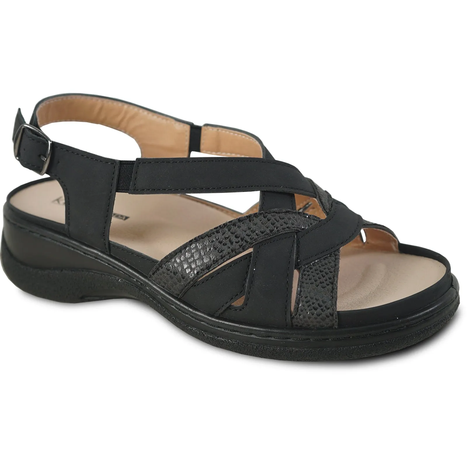 Great Walking Sandals KOZI Women Comfort Casual Sandal OY3130 Wedge Sandal Black  Replaceable Orthopedic Footbed