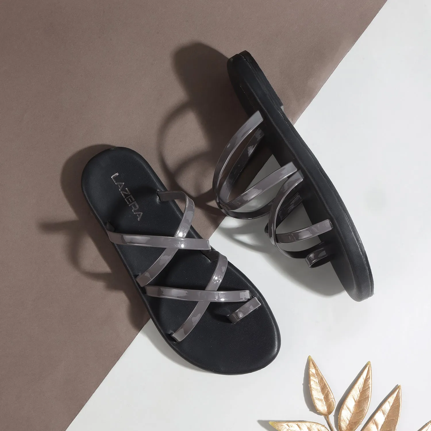 Lazera Women's Glossy Strap Sliders  Lightweight Daily Use Flats for All-Day Comfort(1486)