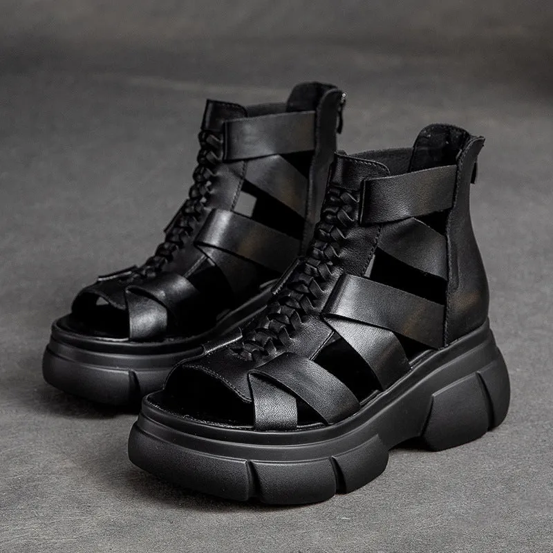 Women's Retro Plaited Leather High Top Platform Sandals In High Heels And Lingerie
