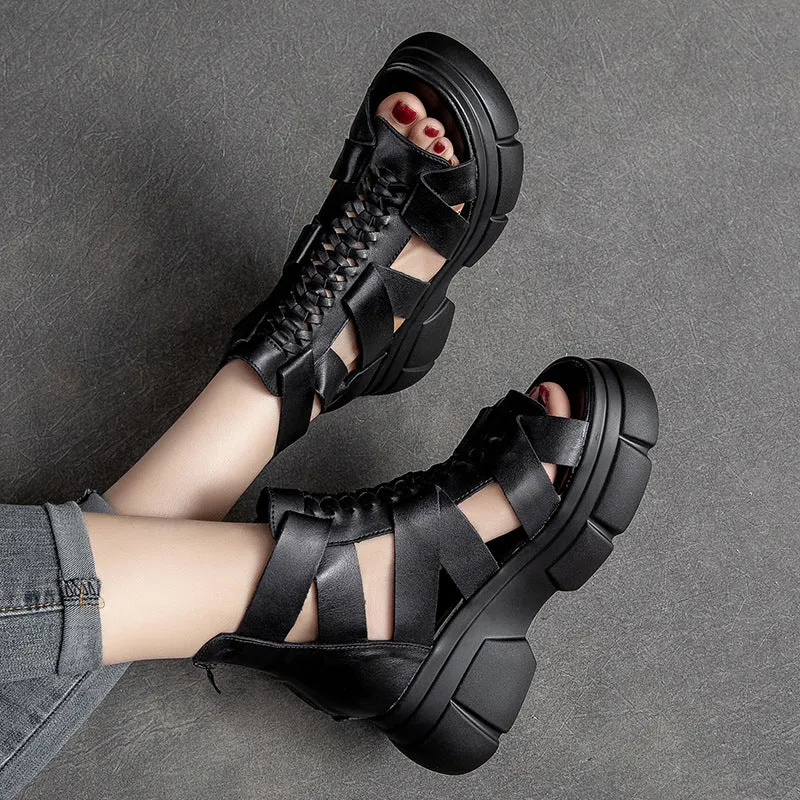 High Chunky Heels Women's Retro Plaited Leather High Top Platform Sandals