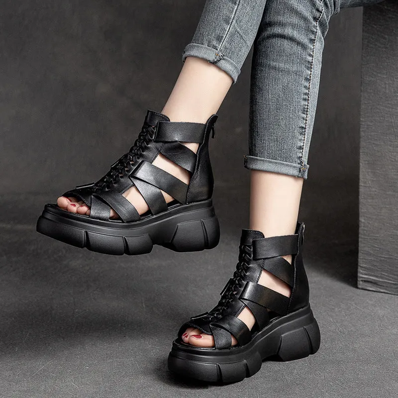 Women's Retro Plaited Leather High Top Platform Sandals In High Heels And Nylons