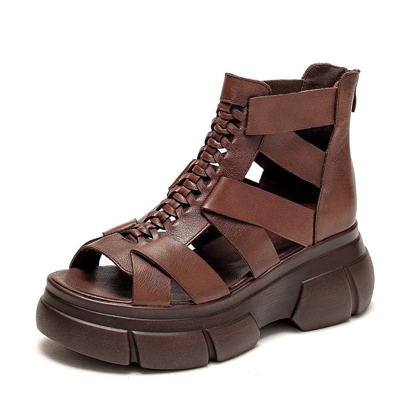 High Heels Near Me Women's Retro Plaited Leather High Top Platform Sandals