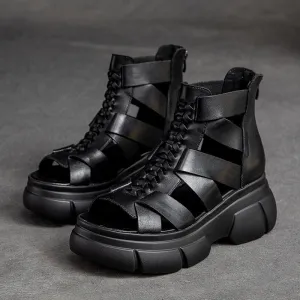 Women's Retro Plaited Leather High Top Platform Sandals Black High Boots With Heels