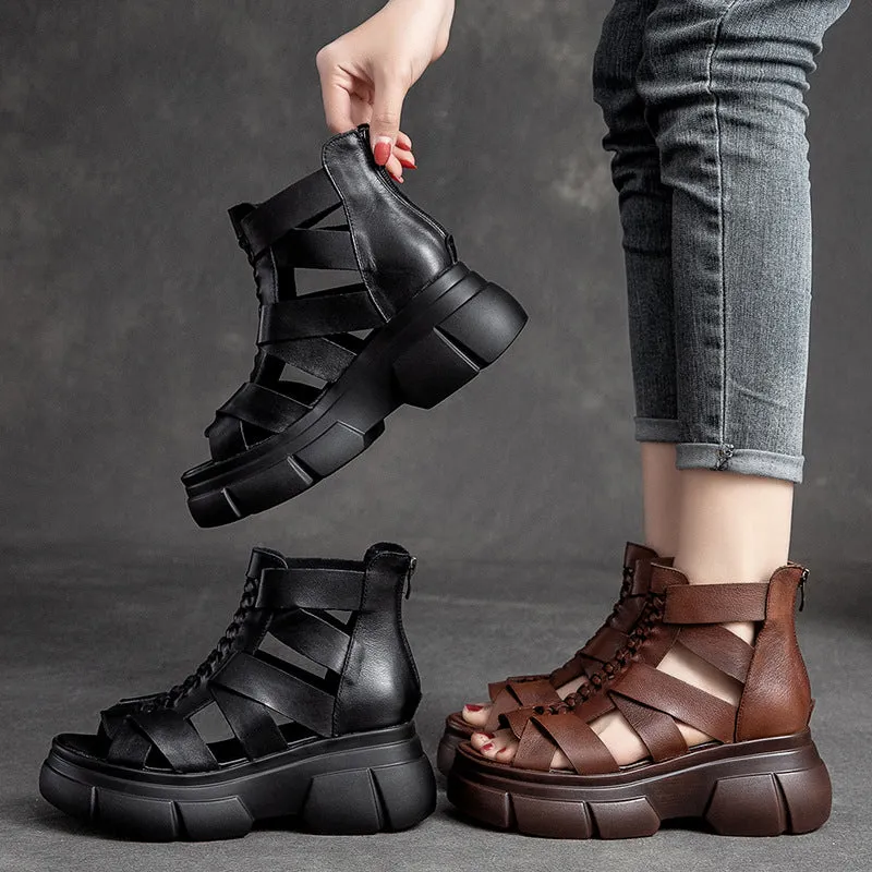 Women's Retro Plaited Leather High Top Platform Sandals High Heels In French