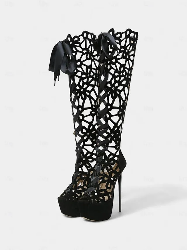 Cutout Peep Knee Boots Sexy Platform Stiletto High Women's Knee High Heel Boots Outfits