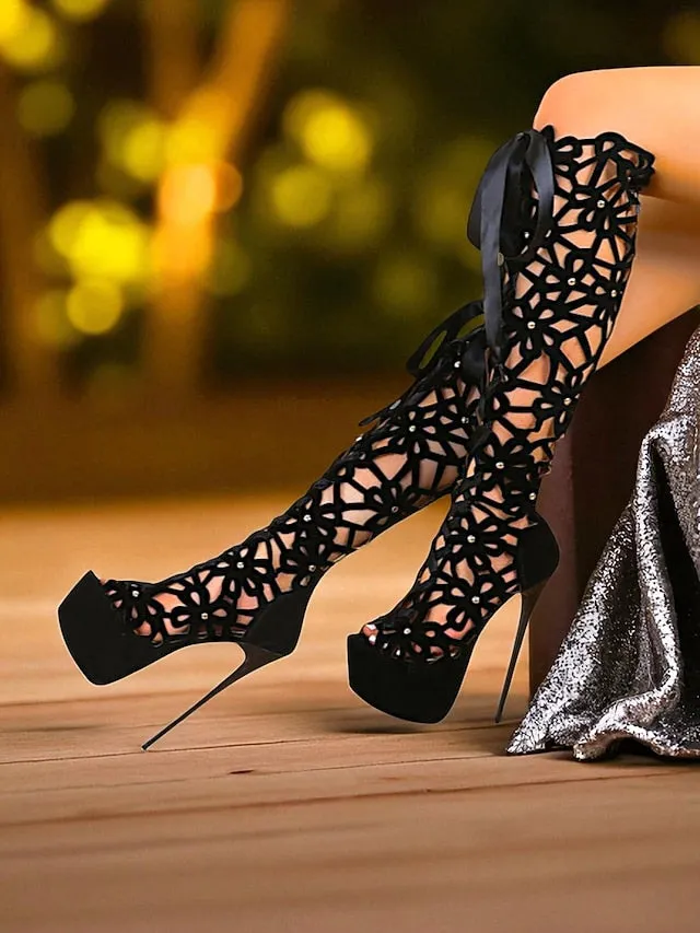 High Heel Wrap Around Cutout Peep Knee Boots Sexy Platform Stiletto High Women's