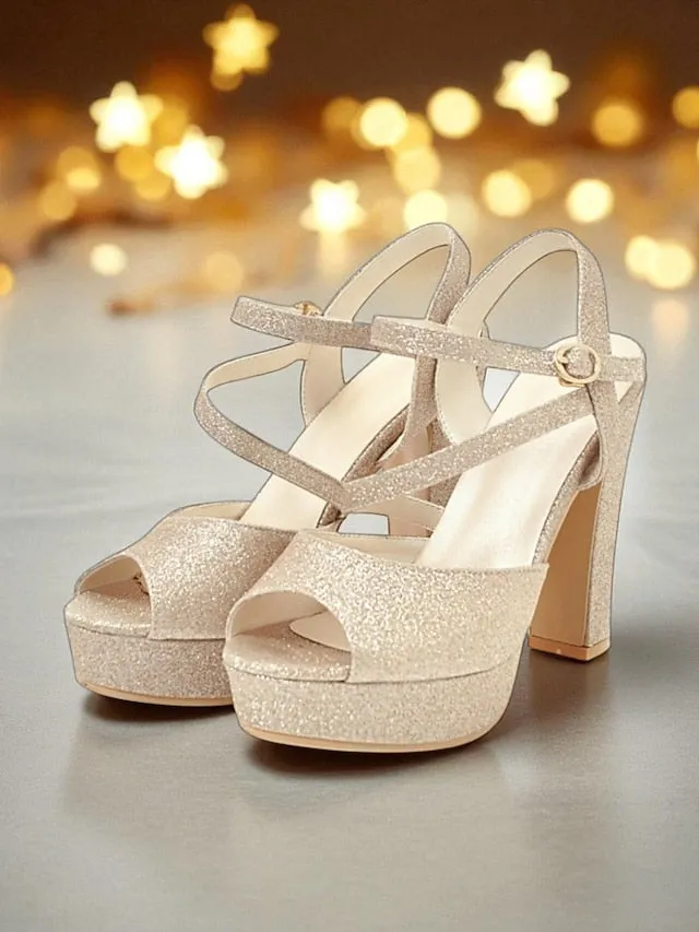 Strap Glitter High with Heel Platform Sandals Ankle Women's White Heel Sandals