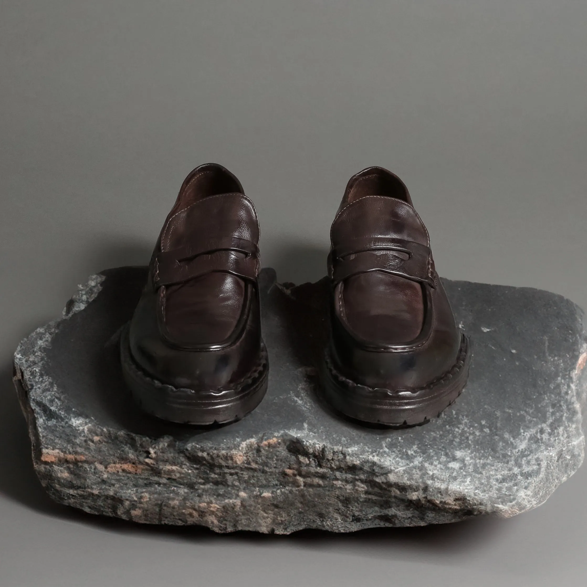 BZ31A Brown Ruched Loafers In Leather