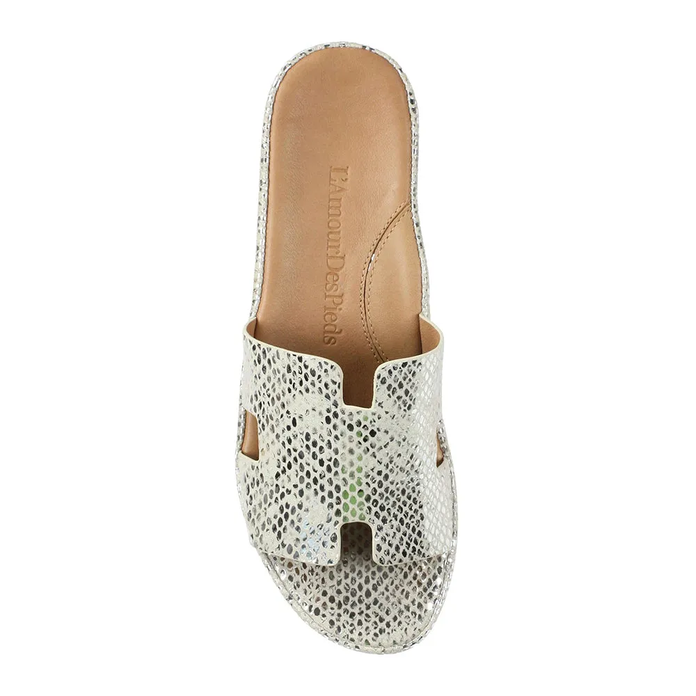 Catiana Slip on Sandal - Silver Gold Snake Print Resort Wedding