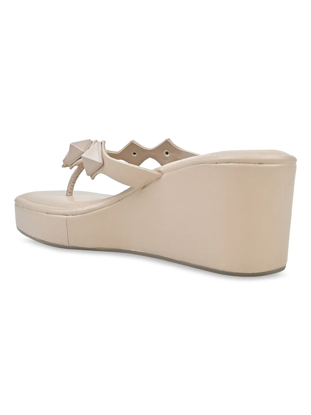 Rocia By Regal Beige Women Square Toe Embellished Wedges High Heels Butchers