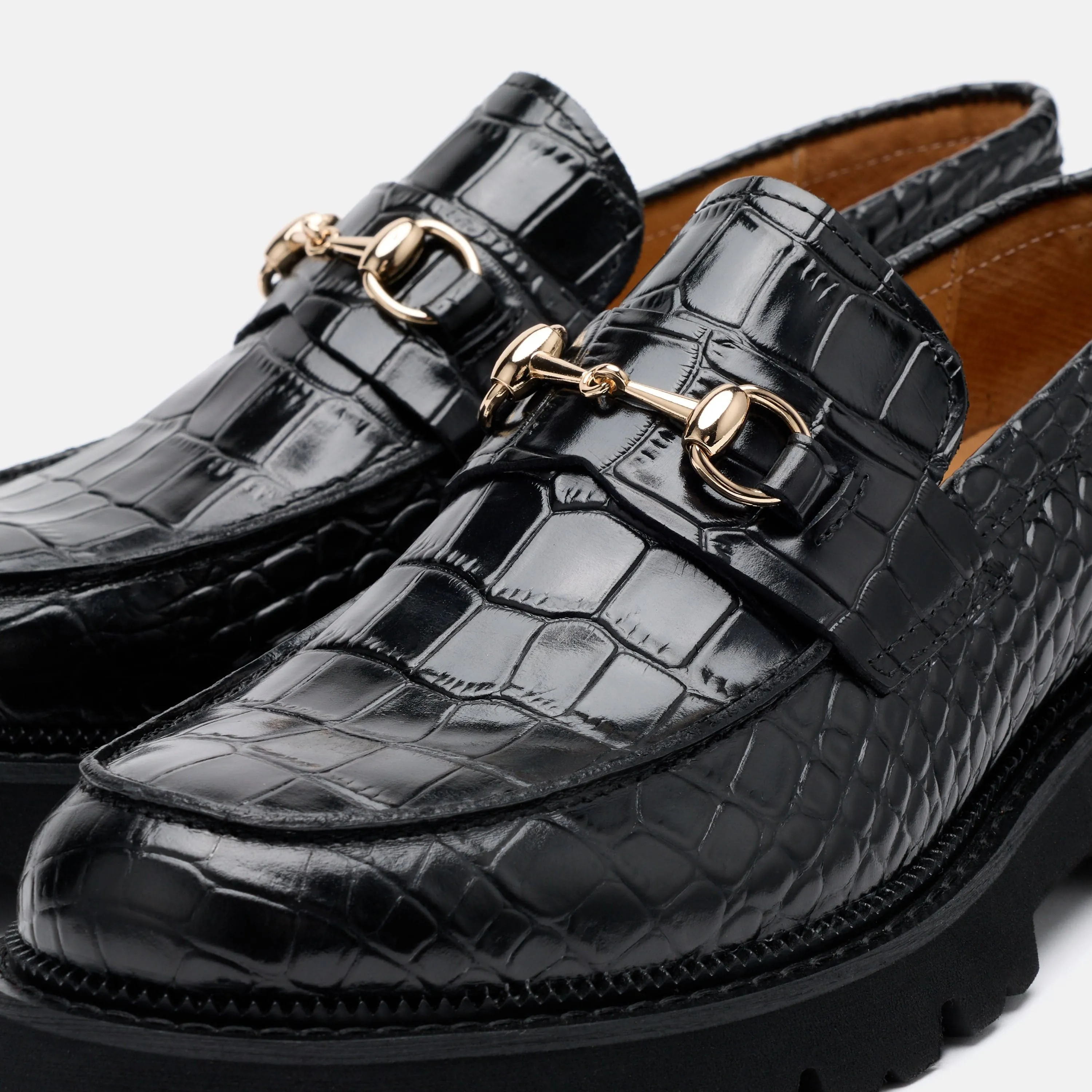 Brushed Leather Monolith Loafers Blake Black Croc Leather Lug Bit Loafers