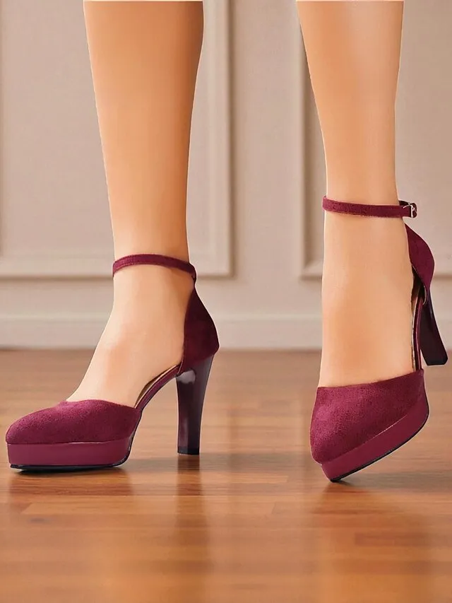 Platform High Strap Women's Burgundy Suede Heel 1950s Ankle Sparkly High Heel Pumps