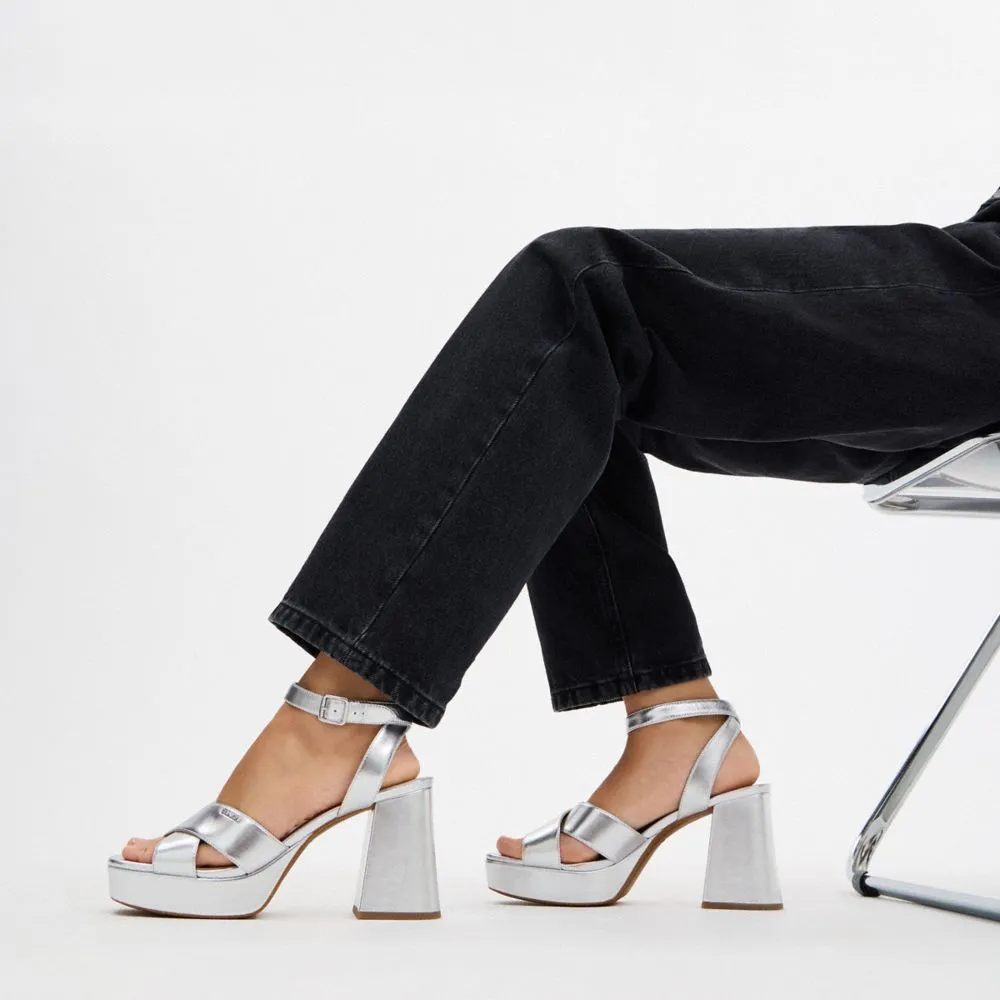 Coach Block Heel Sandal Metallic Silver Wooden Clog Sandals