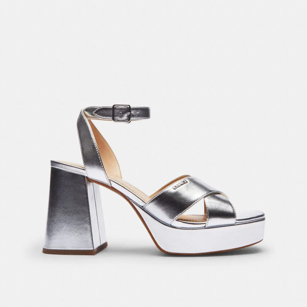 Coach Block Heel Sandal Metallic Silver Shower Sandals