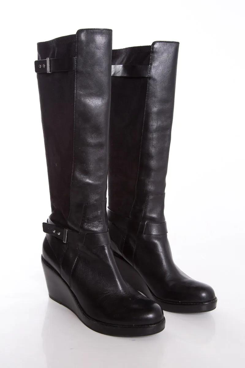 Cole Haan Black Wedge Boots SZ 10 Low Heel Knee High Boots Leather