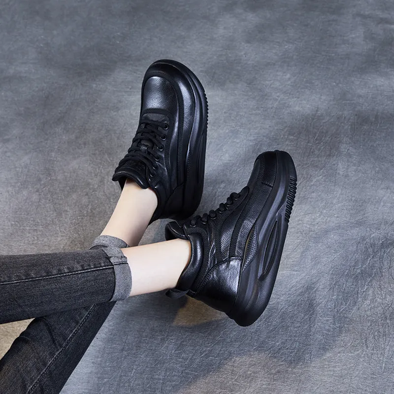 Women Retro Leather High-Top Thick Soled Casual Shoes High Shine Heel