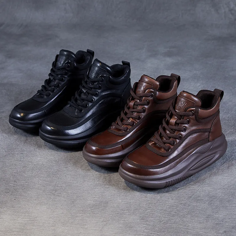 Cute High Heel Shoes Women Retro Leather High-Top Thick Soled Casual Shoes
