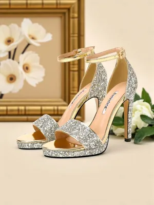 2 Inch High Heel Women's High Silver Heel with Sandals Ankle Strap Glitter