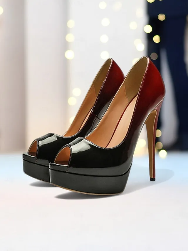 Black High Peep Leather Heels Patent Platform Toe Women's