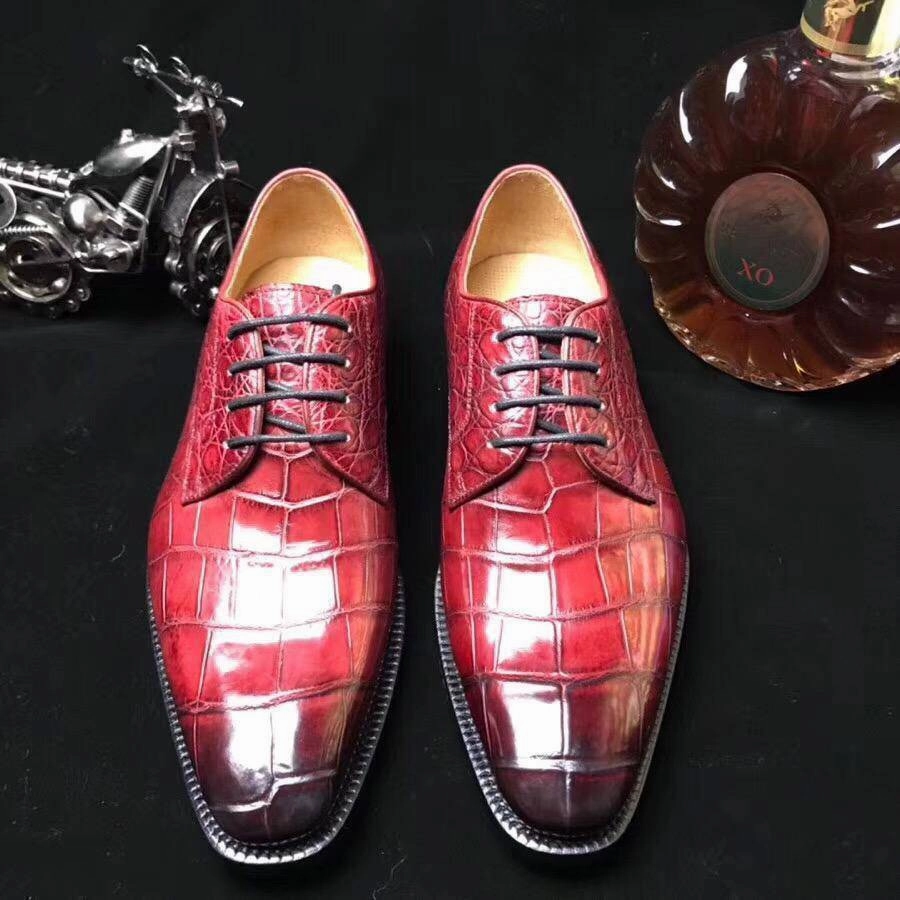 Crocodile Shoes Burnished Burgundy Crocodile Belly  Leather Lace-Up Shoes For Men Long Sleeve Dress Shoes