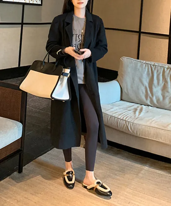 Black Cowhide Leather Slippers Shoes Splicing Fuzzy Wool Lined TP010 Highland Originals Slippers