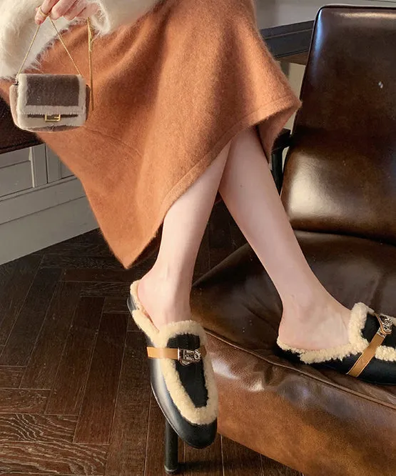 Tall Fuzzy Slippers Black Cowhide Leather Slippers Shoes Splicing Fuzzy Wool Lined TP010