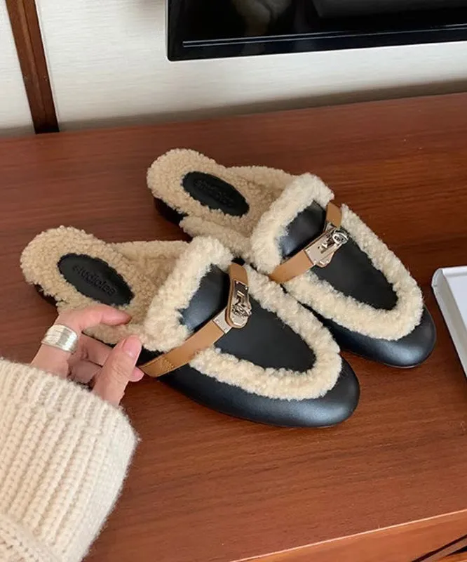 Hospital Slippers Black Cowhide Leather Slippers Shoes Splicing Fuzzy Wool Lined TP010