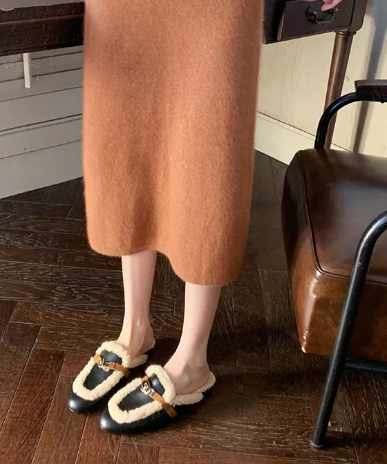 Slippers Dupes Black Cowhide Leather Slippers Shoes Splicing Fuzzy Wool Lined TP010