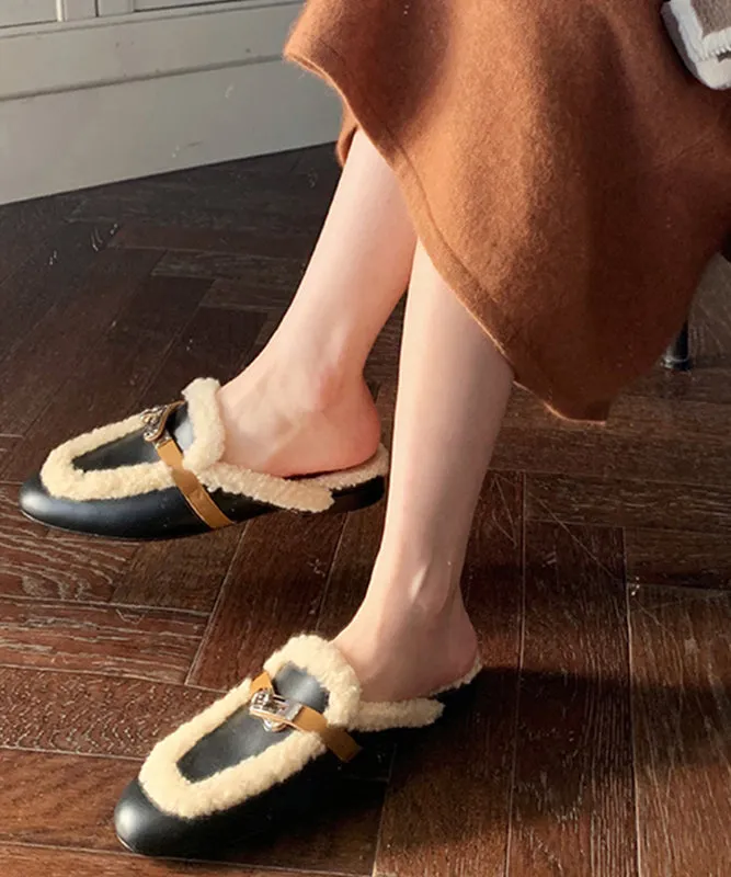 Basketball Slides Black Cowhide Leather Slippers Shoes Splicing Fuzzy Wool Lined TP010