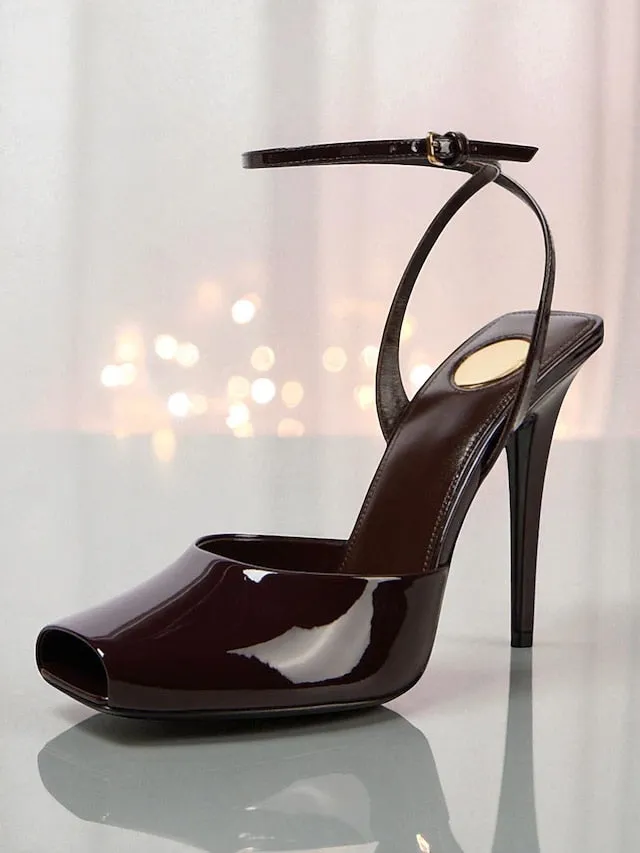 Dark Heels Toe Peep Leather Patent Women's Green High -