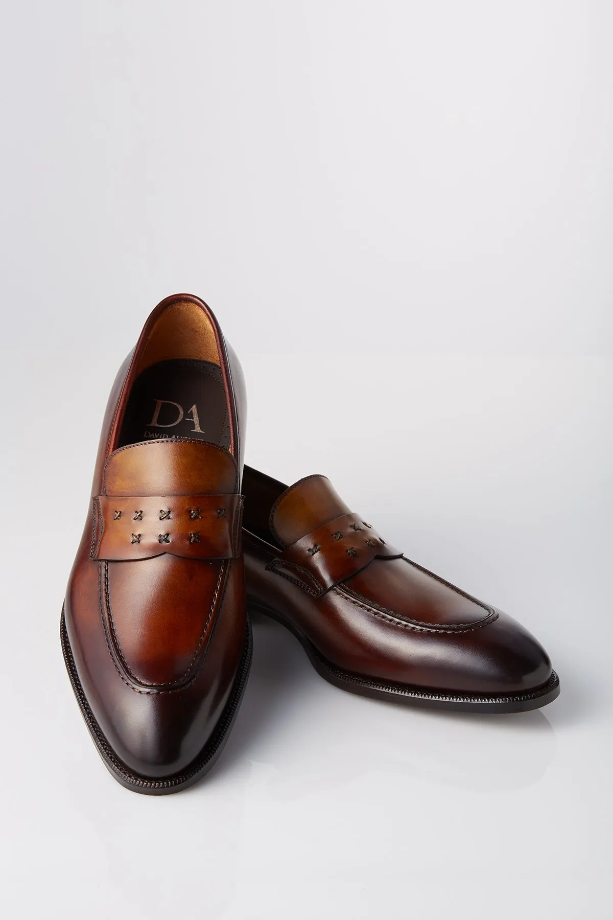 David August Leather Cross Stitched Penny Loafers in Whiskey Brown Flat Shoes To Wear With